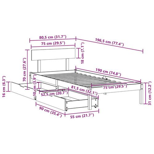Sengeramme uden madras 75x190 cm massivt fyrretræ hvid