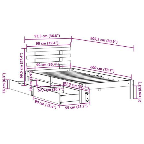 Sengeramme med skuffer 90x200 cm massivt fyrretræ hvid
