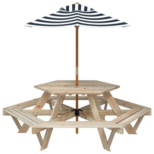 Picnicbord til 6 børn m. parasol sekskantet massivt grantræ