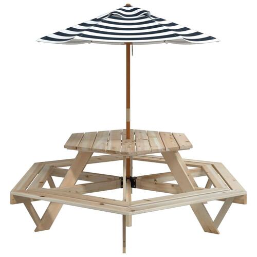 Picnicbord til 6 børn m. parasol sekskantet massivt grantræ
