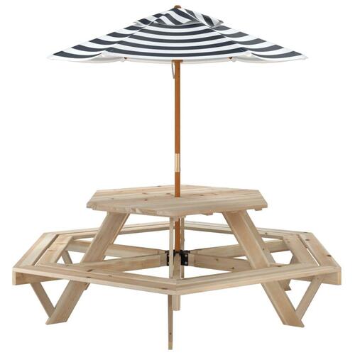 Picnicbord til 6 børn m. parasol sekskantet massivt grantræ
