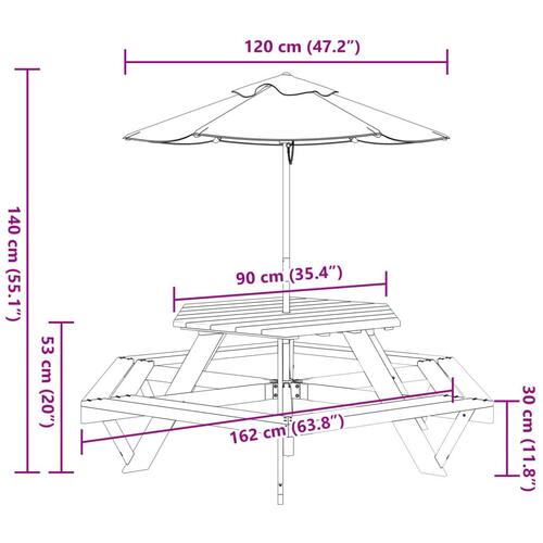 Picnicbord til 6 børn m. parasol sekskantet massivt grantræ