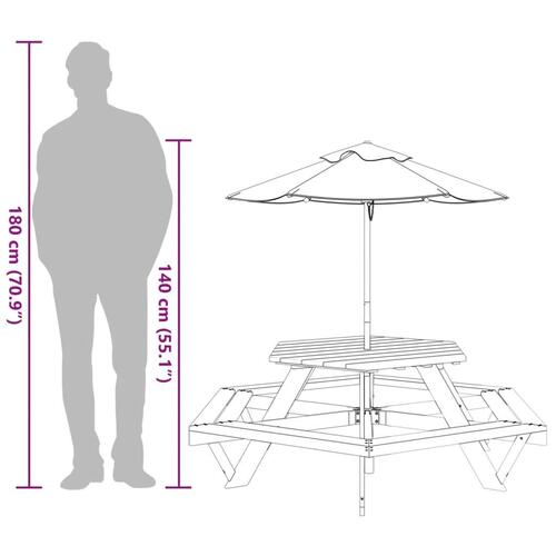 Picnicbord til 6 børn m. parasol sekskantet massivt grantræ