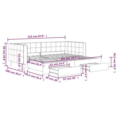 Daybed med udtræk og skuffer 90x200 cm velour mørkegrøn
