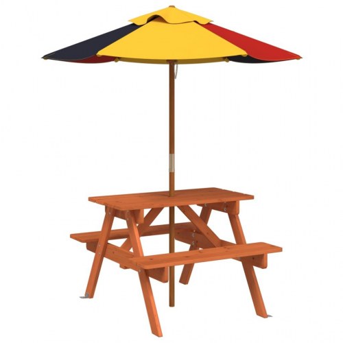 Picnicbord til 4 børn med parasol - massivt grantræ, brun/flerfarvet
