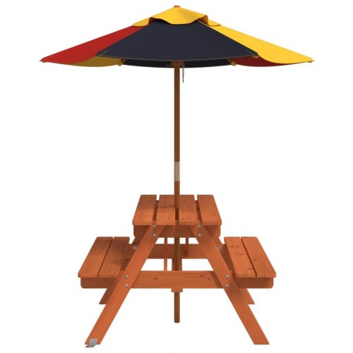 Picnicbord til 4 børn med parasol - massivt grantræ, brun/flerfarvet
