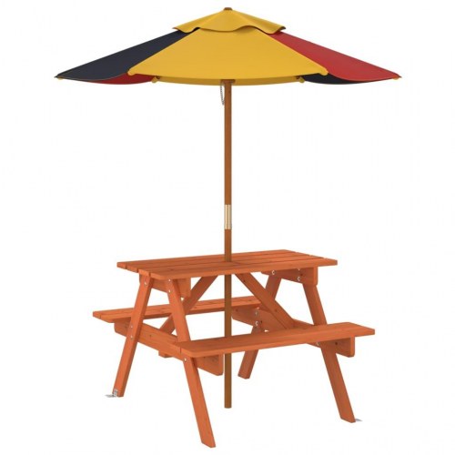Picnicbord til 4 børn med parasol - massivt grantræ, brun/flerfarvet