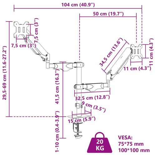 Dobbelt skærmholder maks. 27" skærm 20 kg VESA-mål 75/100 mm