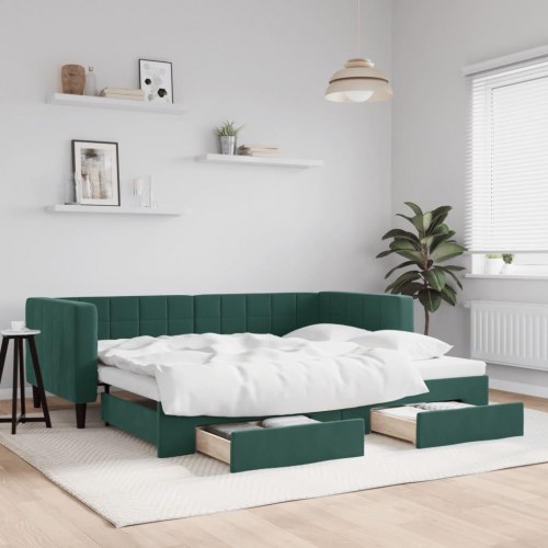 Daybed med udtræk og 2 skuffer 80 x 200 cm - mørkegrøn velour