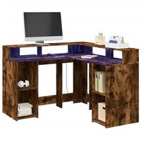 Skrivebord med LED-lys 130x130x91 cm konstrueret træ røget eg