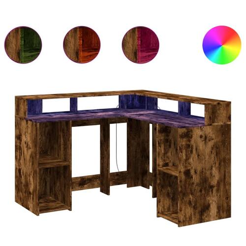 Skrivebord med LED-lys 130x130x91 cm konstrueret træ røget eg