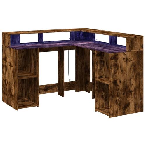 Skrivebord med LED-lys 130x130x91 cm konstrueret træ røget eg