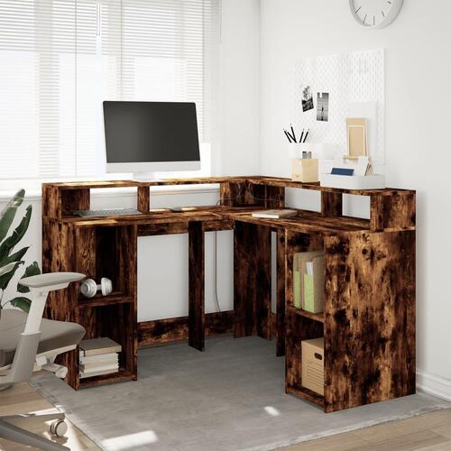 Skrivebord med LED-lys 130x130x91 cm konstrueret træ røget eg