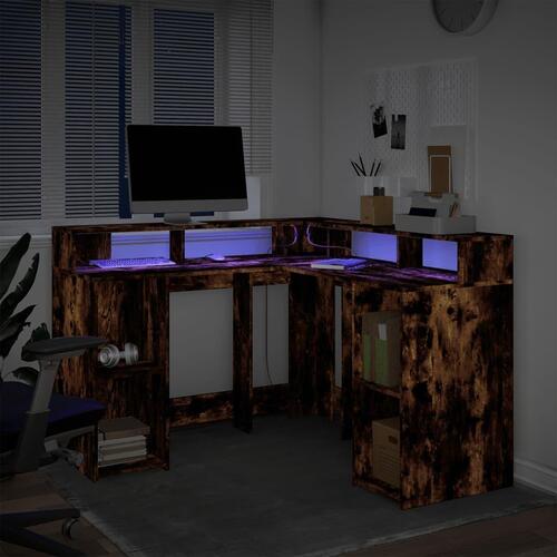 Skrivebord med LED-lys 130x130x91 cm konstrueret træ røget eg