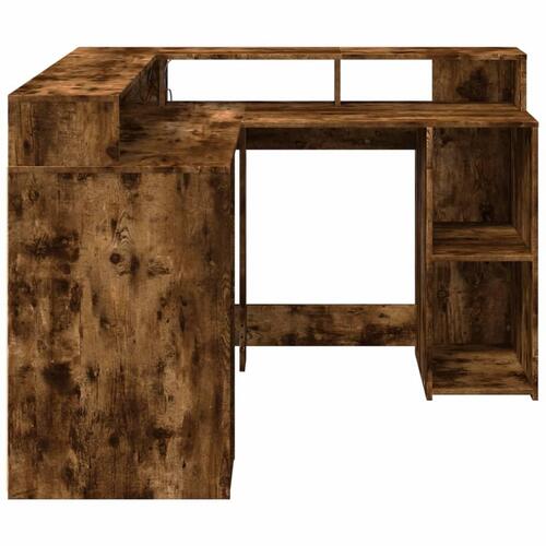 Skrivebord med LED-lys 130x130x91 cm konstrueret træ røget eg