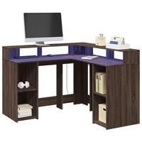 Skrivebord med LED-lys 130x130x91 cm konstrueret træ brunt eg