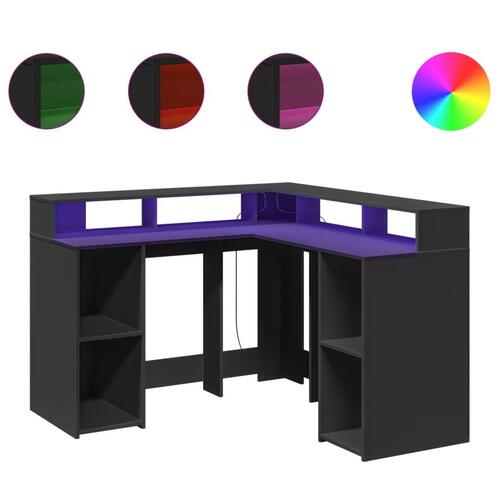 Skrivebord med LED-lys 130x130x91 cm konstrueret træ sort