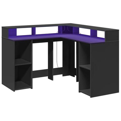 Skrivebord med LED-lys 130x130x91 cm konstrueret træ sort