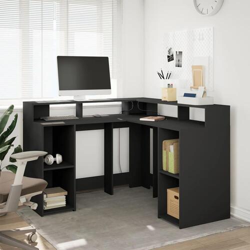 Skrivebord med LED-lys 130x130x91 cm konstrueret træ sort