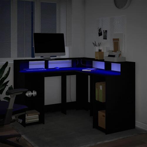 Skrivebord med LED-lys 130x130x91 cm konstrueret træ sort