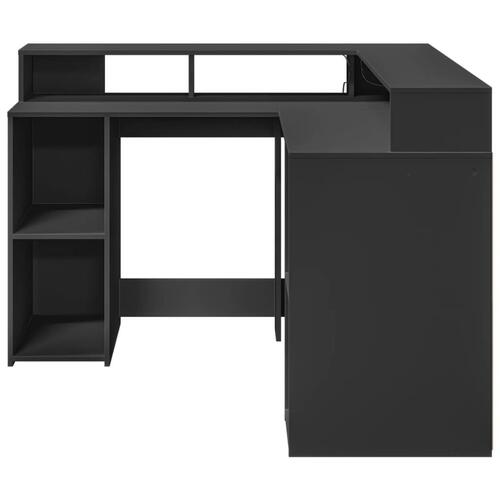 Skrivebord med LED-lys 130x130x91 cm konstrueret træ sort