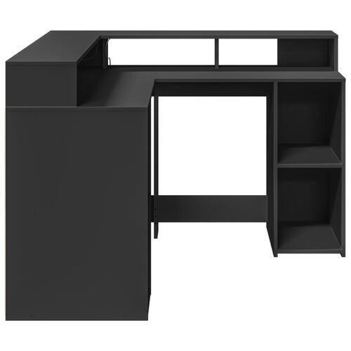 Skrivebord med LED-lys 130x130x91 cm konstrueret træ sort