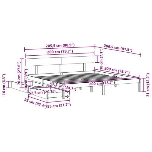 Sengeramme uden madras 200x200 cm massivt fyrretræ hvid