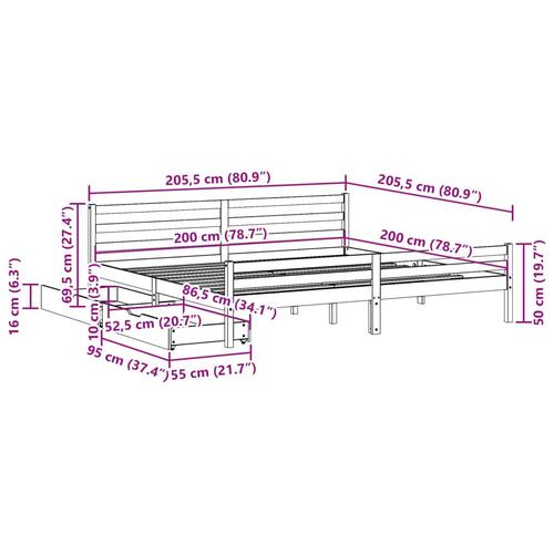 Sengeramme uden madras 200x200 cm massivt fyrretræ hvid
