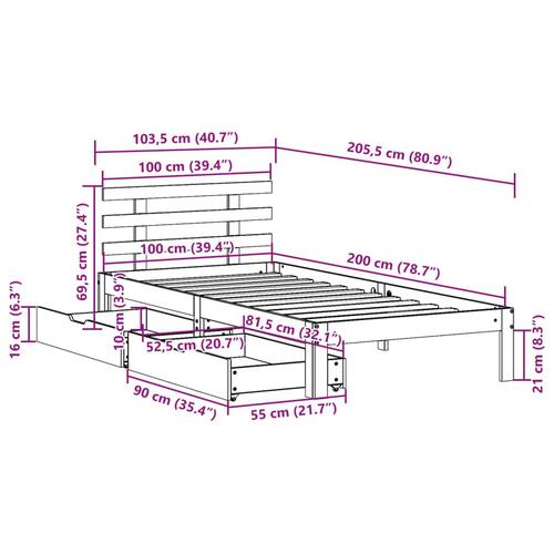 Sengeramme med skuffer 100x200 cm massivt fyrretræ
