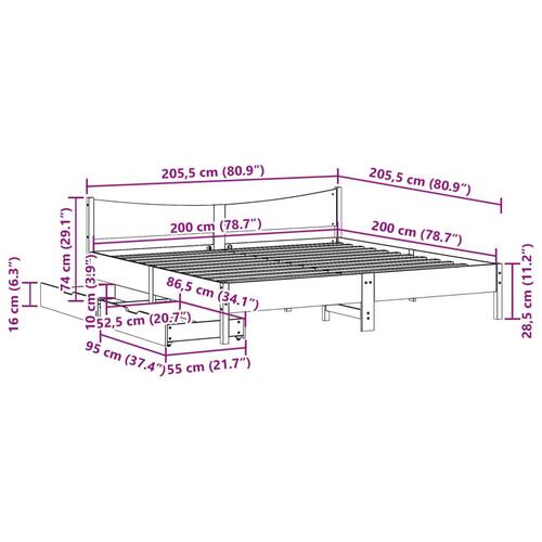 Sengeramme med skuffer 200x200 cm massivt fyrretræ