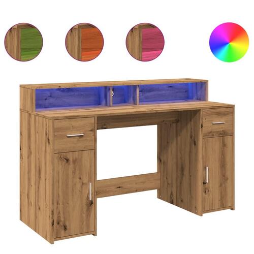 Skrivebord med LED-lys 140x155x91 cm konstrueret træ gammelt eg