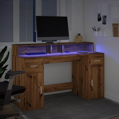 Skrivebord med LED-lys 140x155x91 cm konstrueret træ gammelt eg