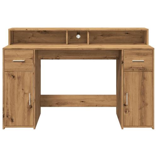 Skrivebord med LED-lys 140x155x91 cm konstrueret træ gammelt eg