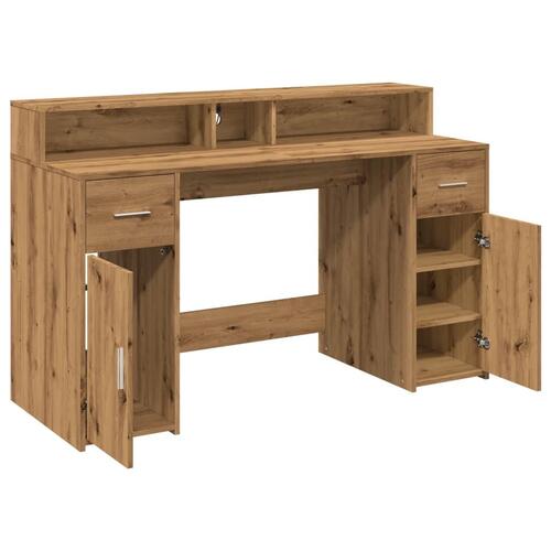 Skrivebord med LED-lys 140x155x91 cm konstrueret træ gammelt eg