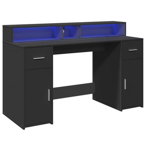 Skrivebord med LED-lys 140x55x91 cm konstrueret træ sort