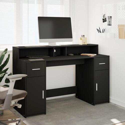 Skrivebord med LED-lys 140x55x91 cm konstrueret træ sort