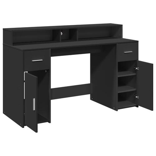 Skrivebord med LED-lys 140x55x91 cm konstrueret træ sort