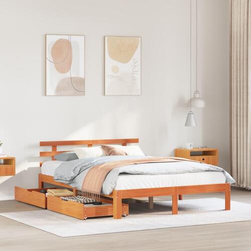Sengeramme med skuffer 135x190 cm massivt fyrretræ brun