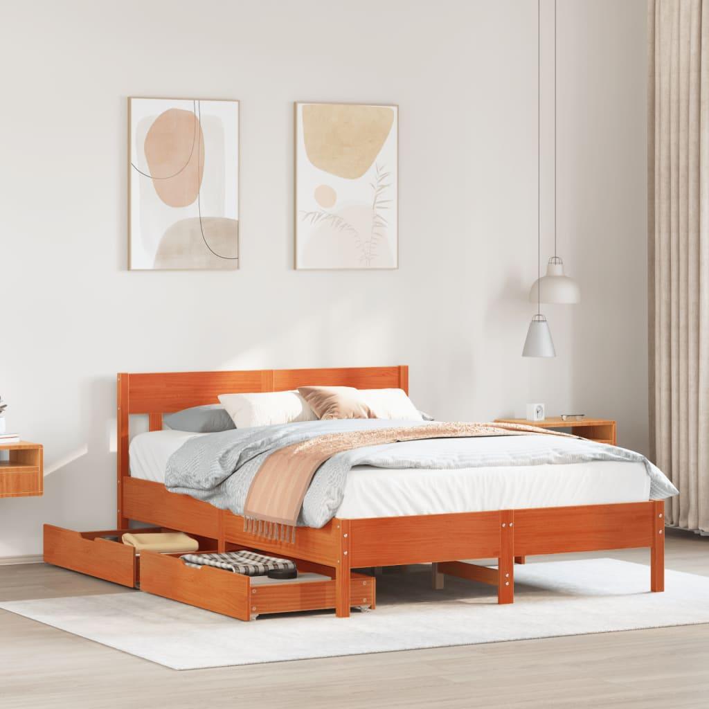 Sengeramme 135x190 cm med skuffer - massivt fyrretræ, gyldenbrun billede