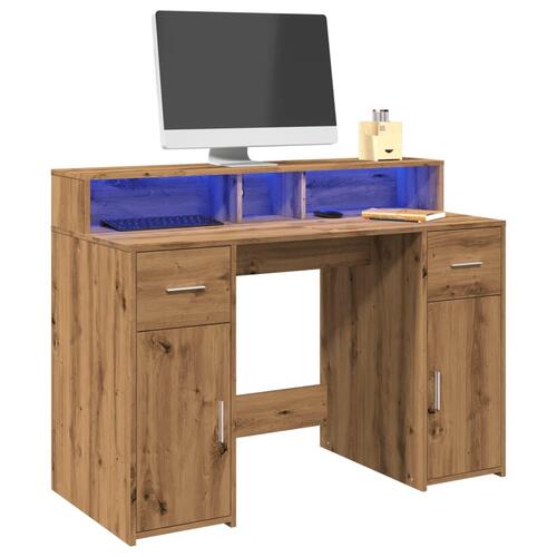 Skrivebord med LED-lys 120x55x91 cm konstrueret træ gammelt eg