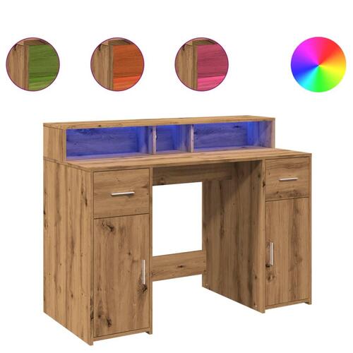 Skrivebord med LED-lys 120x55x91 cm konstrueret træ gammelt eg