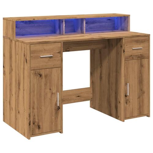 Skrivebord med LED-lys 120x55x91 cm konstrueret træ gammelt eg
