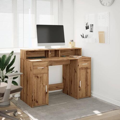 Skrivebord med LED-lys 120x55x91 cm konstrueret træ gammelt eg