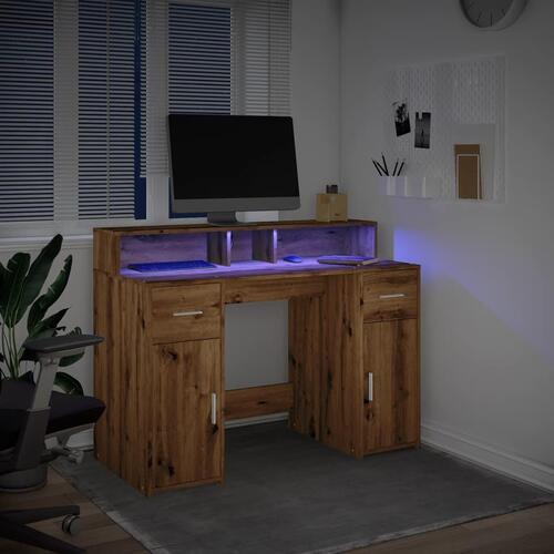 Skrivebord med LED-lys 120x55x91 cm konstrueret træ gammelt eg