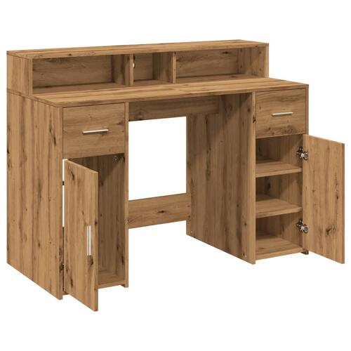 Skrivebord med LED-lys 120x55x91 cm konstrueret træ gammelt eg