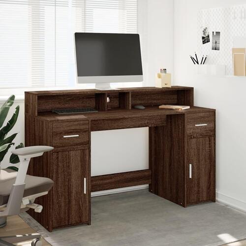 Skrivebord med LED-lys 140x55x91 cm konstrueret træ brunt eg