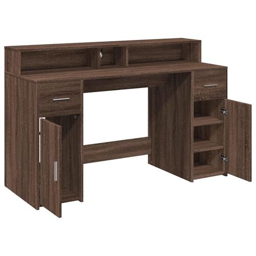 Skrivebord med LED-lys 140x55x91 cm konstrueret træ brunt eg