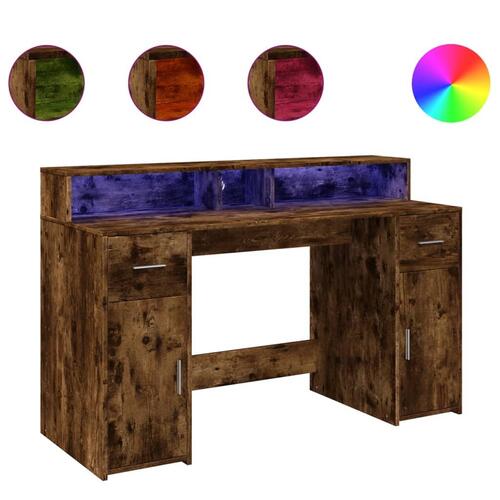 Skrivebord med LED-lys 140x55x91 cm konstrueret træ røget eg