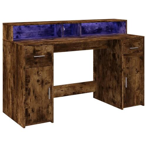 Skrivebord med LED-lys 140x55x91 cm konstrueret træ røget eg