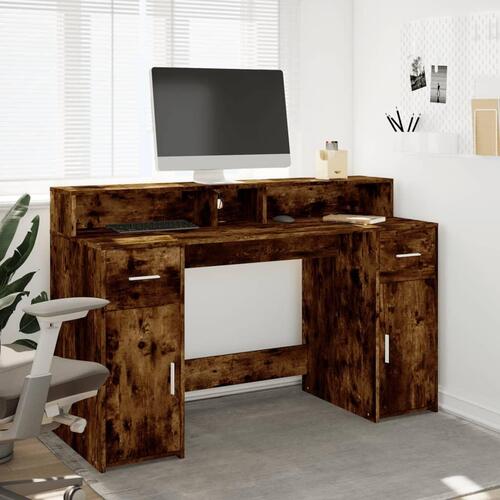 Skrivebord med LED-lys 140x55x91 cm konstrueret træ røget eg